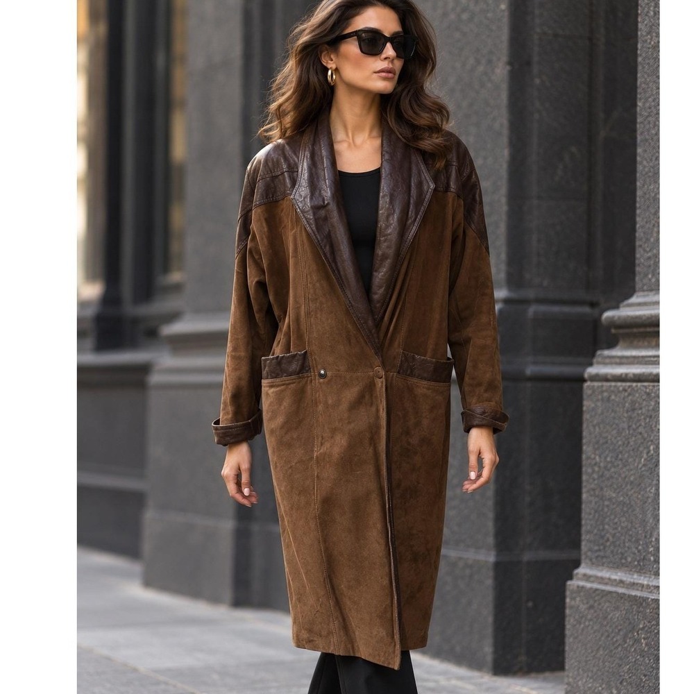 Pelle Studio Brown Suede Leather Trim Long Coat Medium Shawl Collar